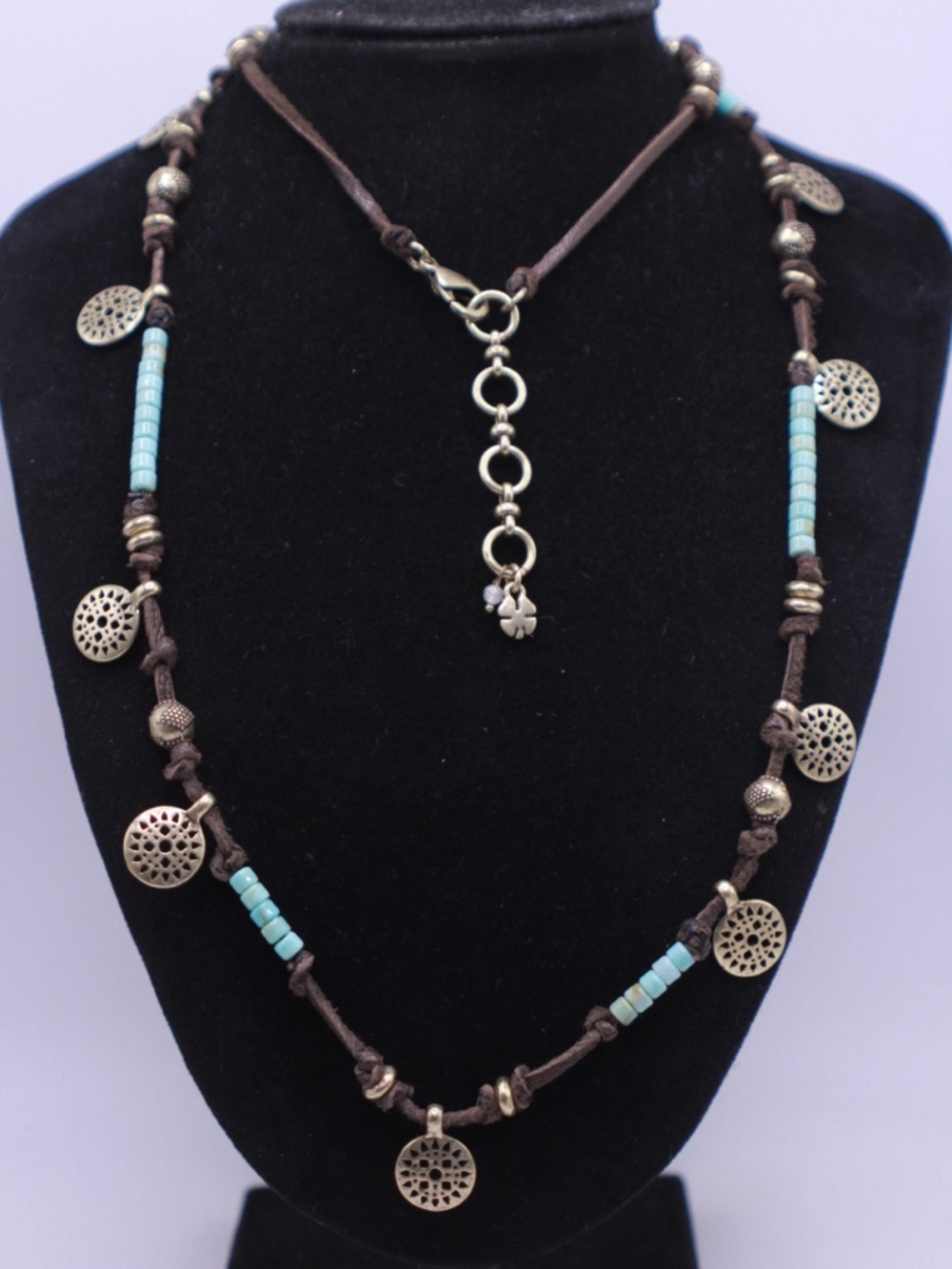 Lucky Brand Turquoise Bead and Brown Cord Layered Necklace with Gold Discs
